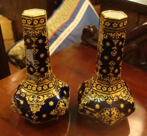 coalport victorian lovely pair of porcelain mazarin blue gilt embellished hexagonal vases