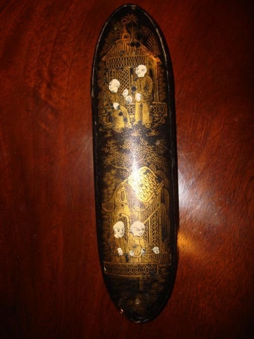 victorian period english papier mache spectacles case in the oriental taste with tortoiseshell spectacles